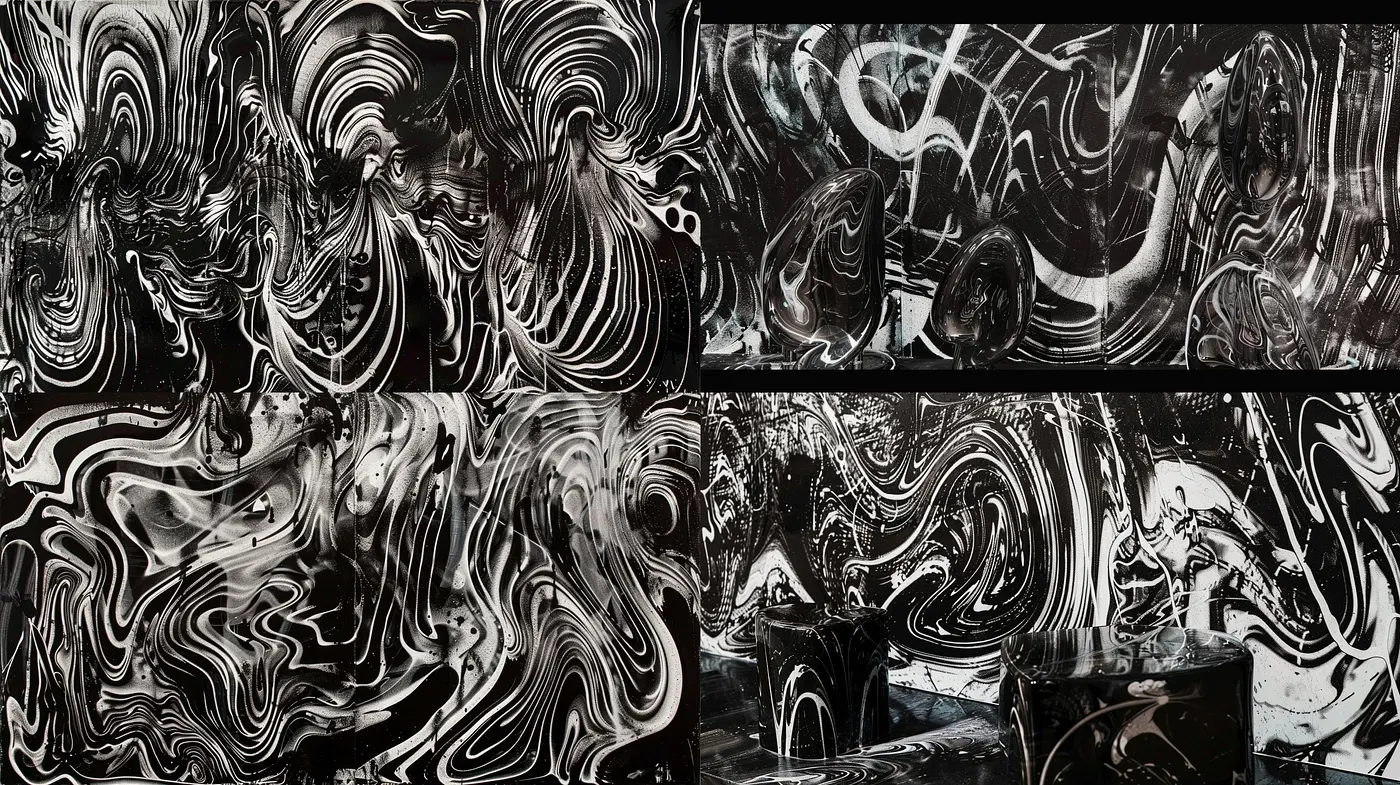 Ethereal Monochromatic Whirls: A Symphony of Swirling Contrasts Alongside Metallic Accents - Midjourney sref style