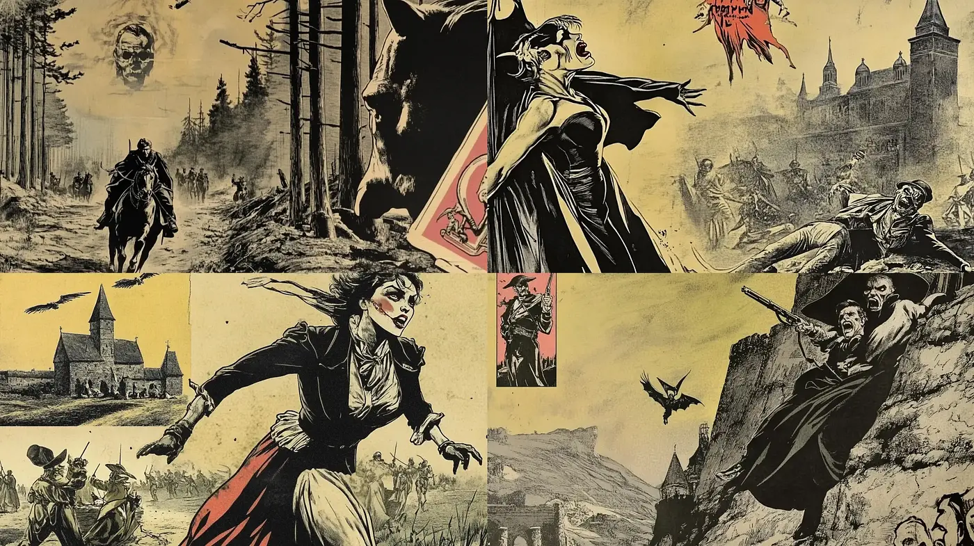 Gothic Tales from a Darkened Past: A Fusion of Comic Illustration and Vintage Horror - Midjourney sref style