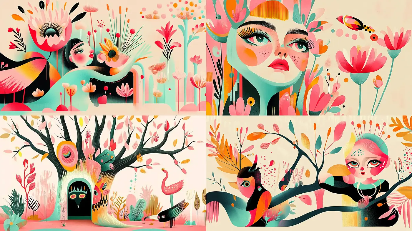 Whimsical Botanical Dreamscape: A Fusion of Vivid Colors and Playful Characters - Midjourney sref style