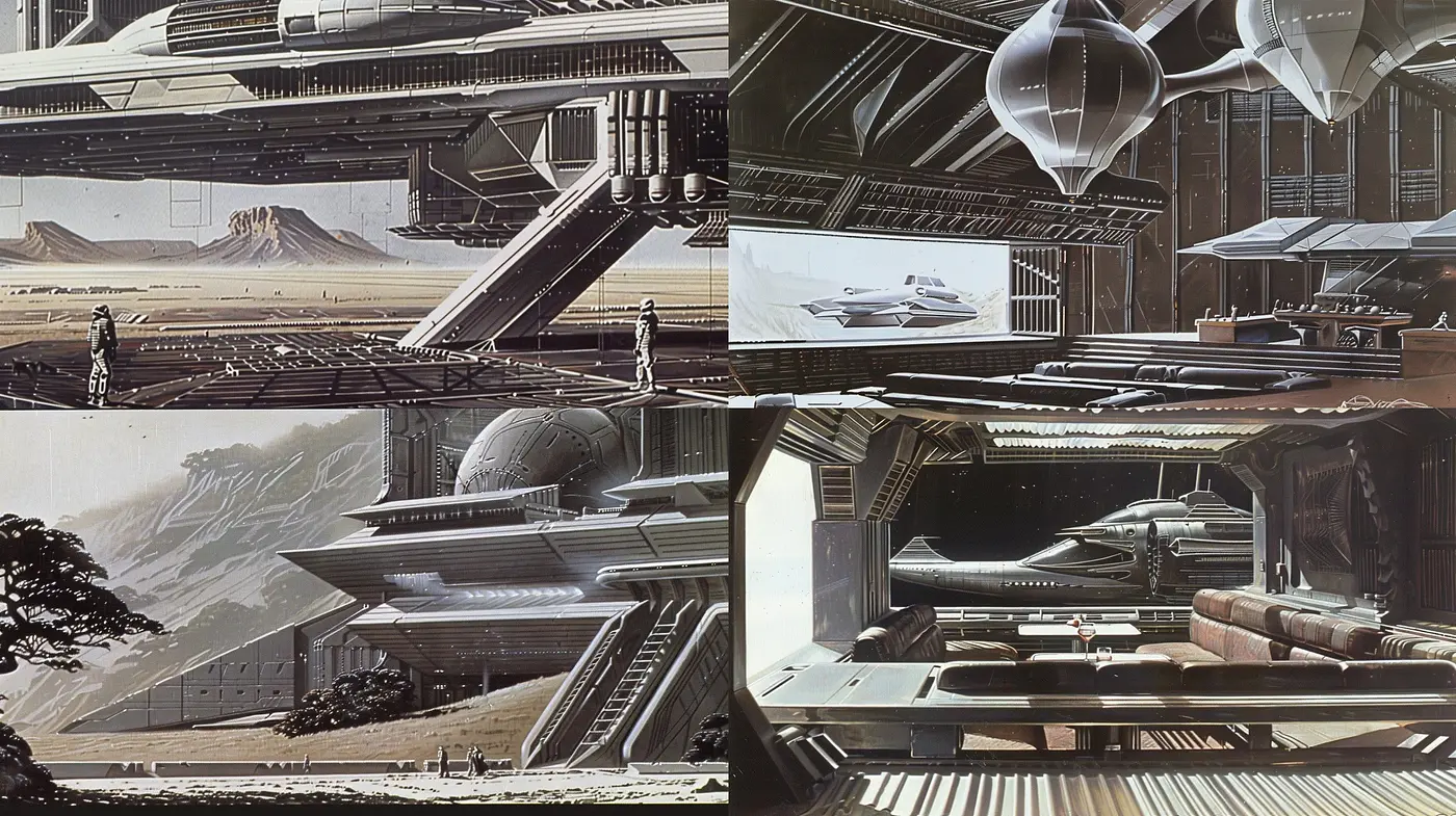 Futuristic Architectural Elegance with a Nostalgic Sci-Fi Palette - Midjourney sref style