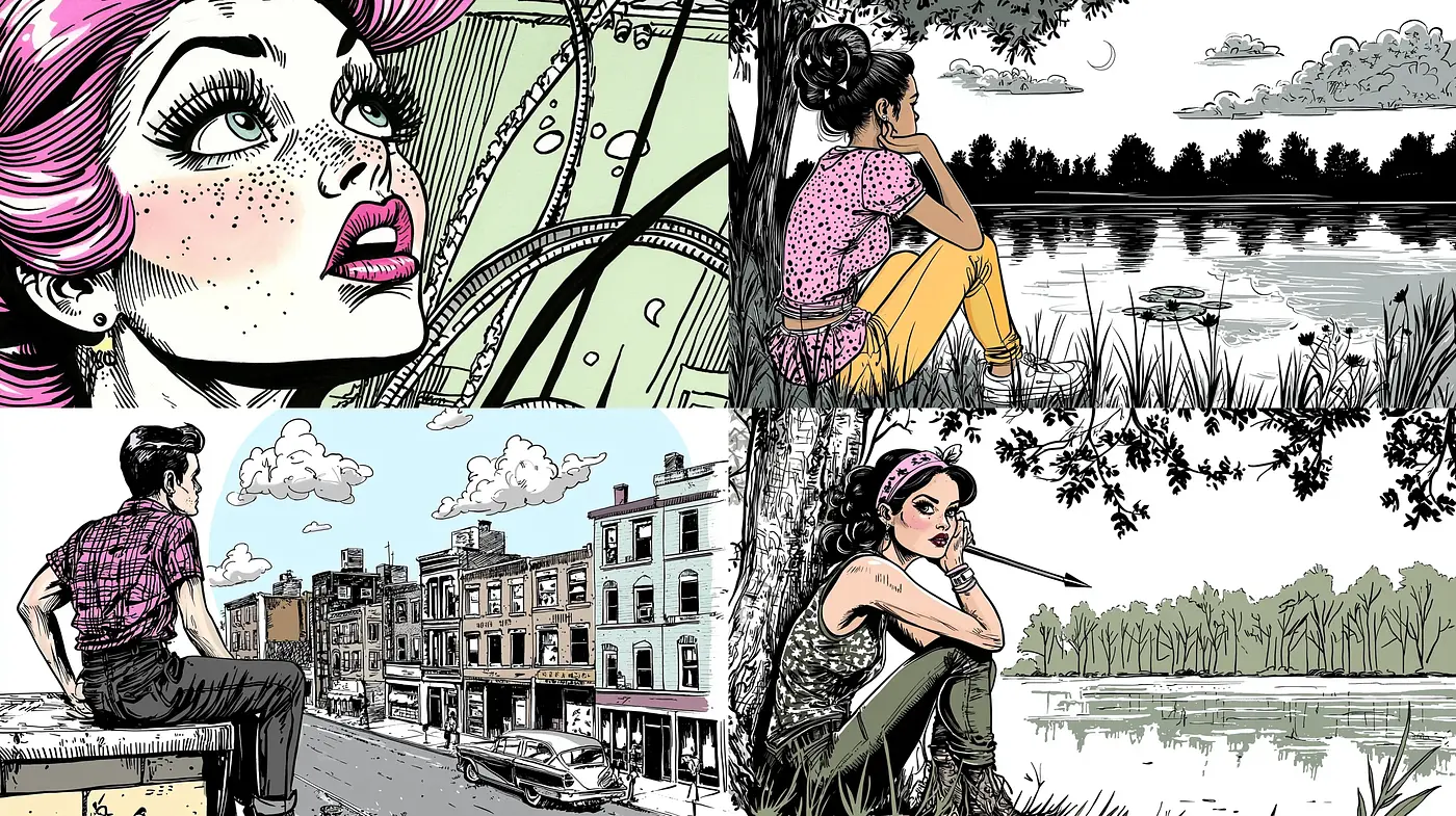 Retro Comic Book Reverie with a Contemporary Color Twist - Midjourney sref style