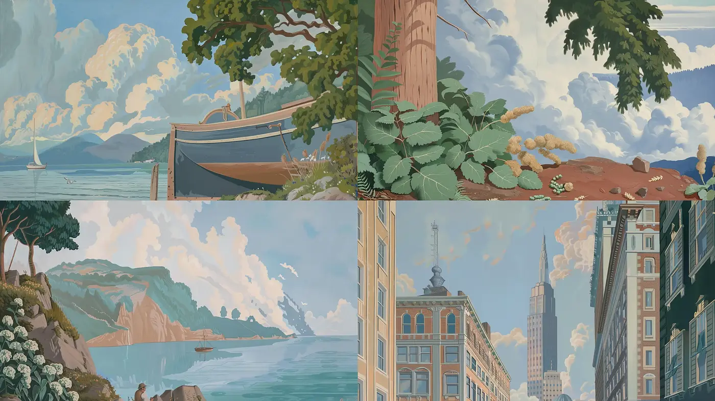 Serene Pastel Vistas: A Harmonious Blend of Nostalgic Serenity and Modern Structure - Midjourney sref style