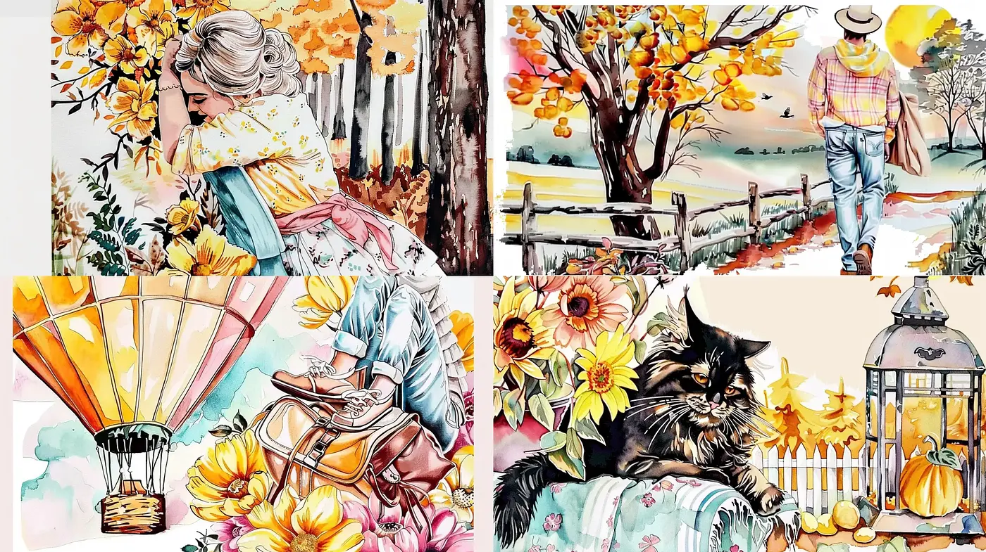 Idyllic Pastoral Watercolor Visions with Saturated Autumn Hues - Midjourney sref style