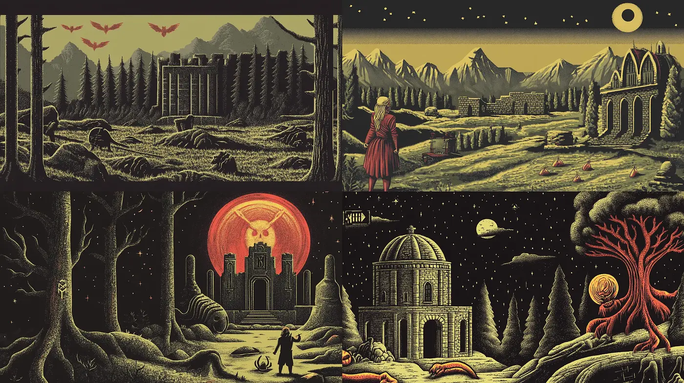 Mystical Nocturnal Landscapes in Amber and Onyx Hues - Midjourney sref style