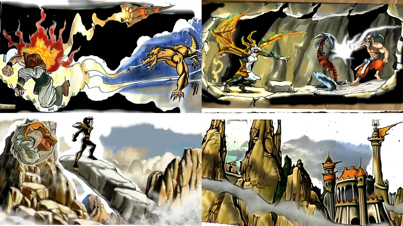 Dynamic Brushstrokes and Surreal Adventure in Graphite Tones - Midjourney sref style