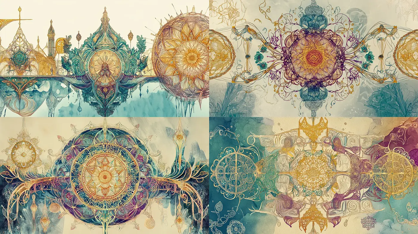 Ethereal Mandala Symphony in Muted Watercolor Tones - Midjourney sref style