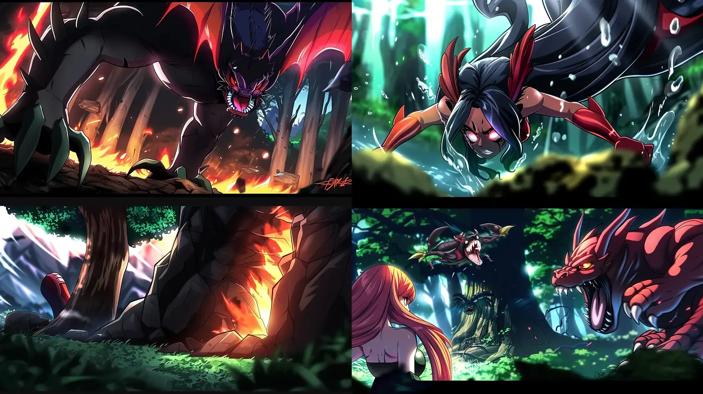 Dynamic Anime-Inspired Battle Scenes with a Vivid Color Contrast - Midjourney sref style