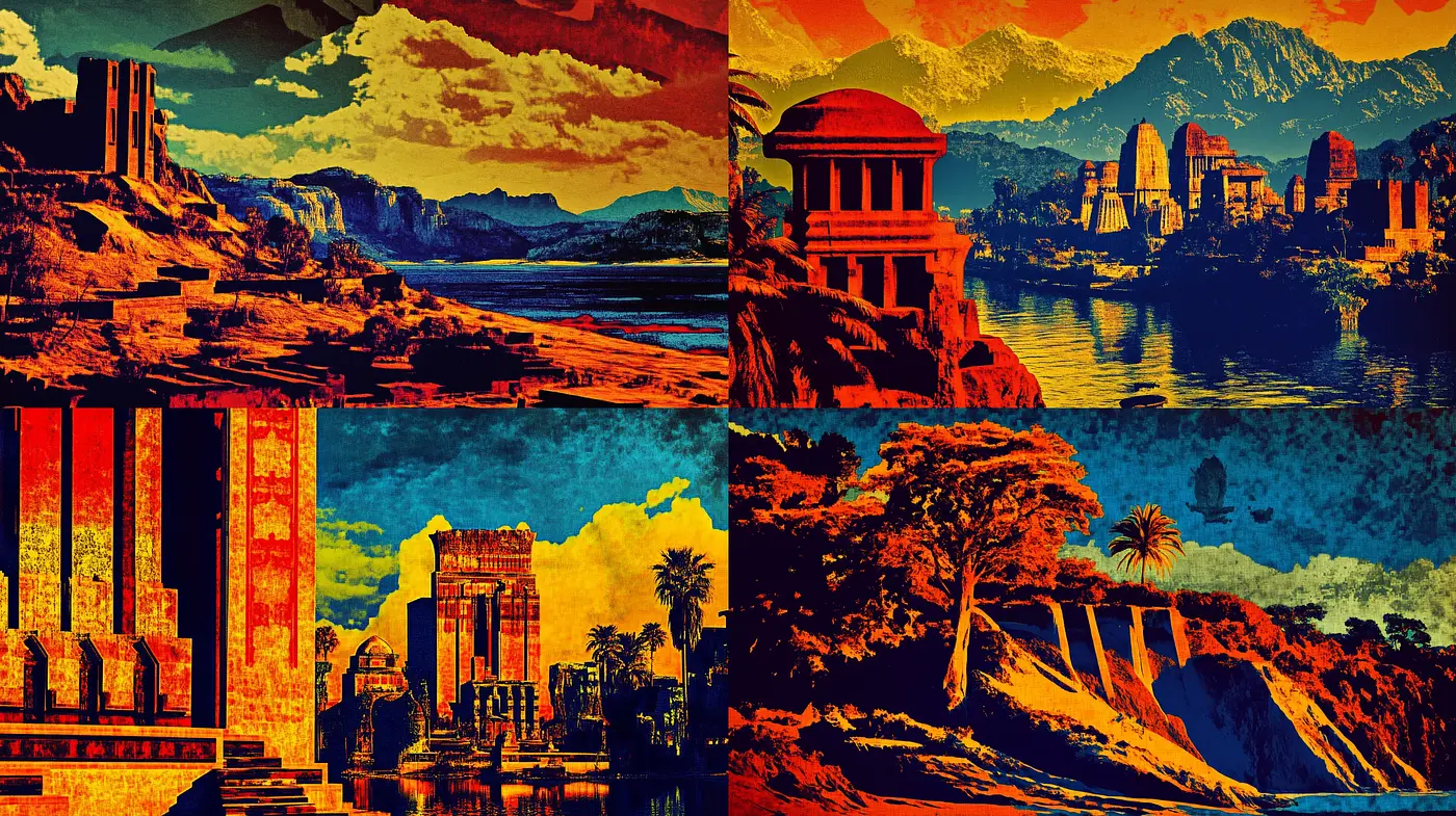 Vivid Sunset Hues Embracing Nostalgic Classical Ruins - Midjourney sref style