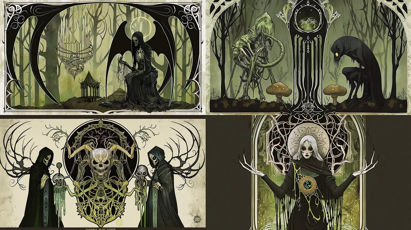 Eerie Enchantment: A Fusion of Gothic Elegance and Mythical Mystique - Midjourney sref style