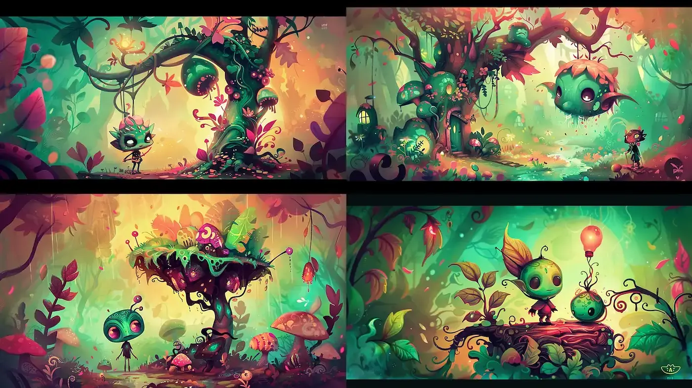 Whimsical and Vibrant Fantasy with Playful Characters - Midjourney sref style