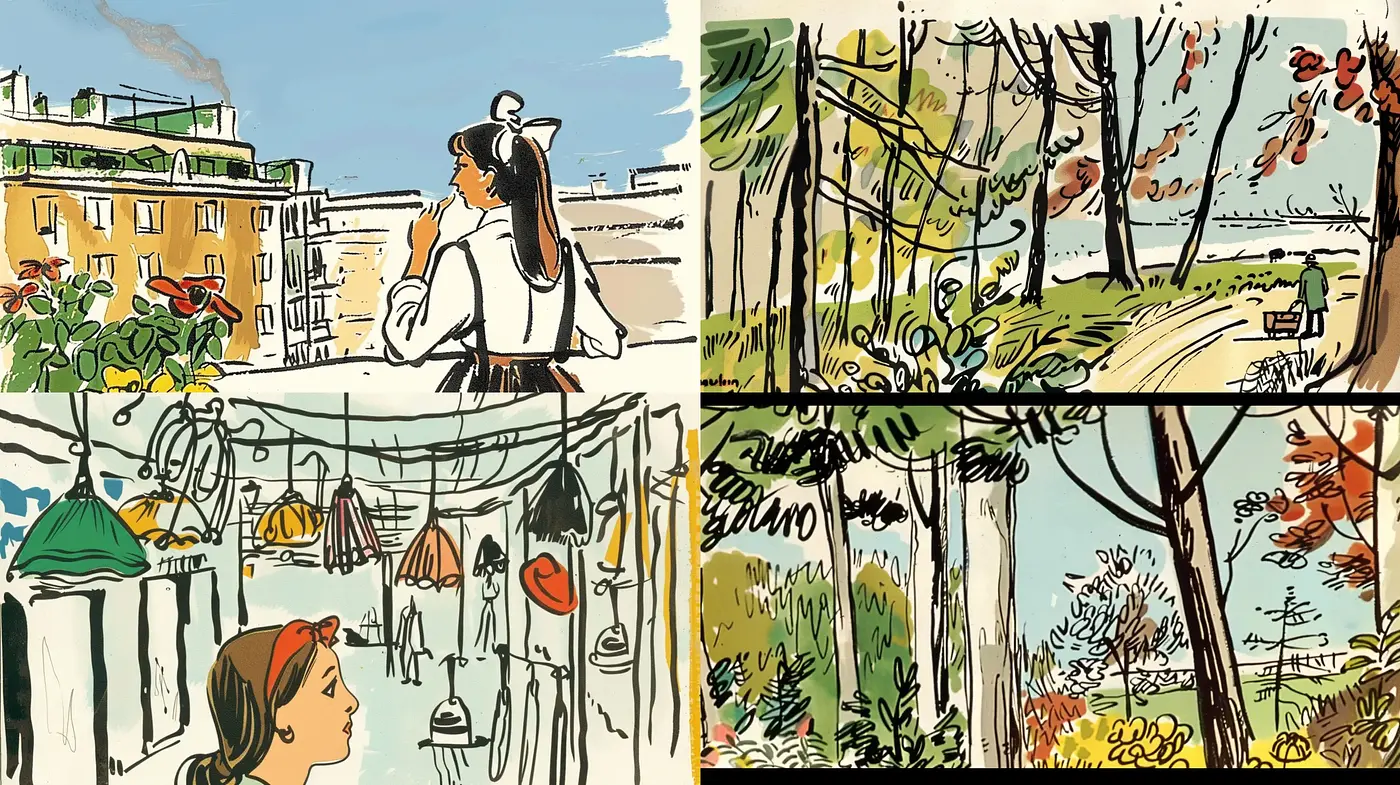 Energetic Brushstrokes in Urban and Natural Sketches - Midjourney sref style