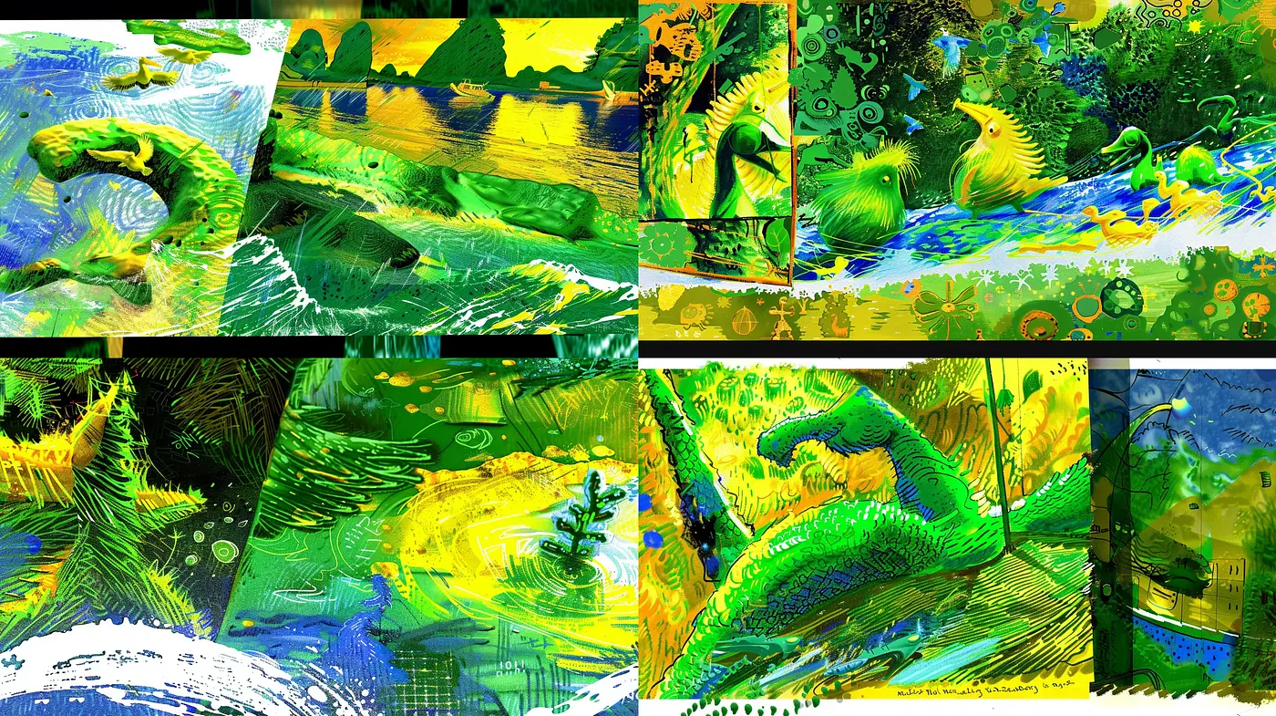 Electric Viridian Whirl: A Fusion of Dynamic Abstraction in Vivid Greens and Yellows - Midjourney sref style
