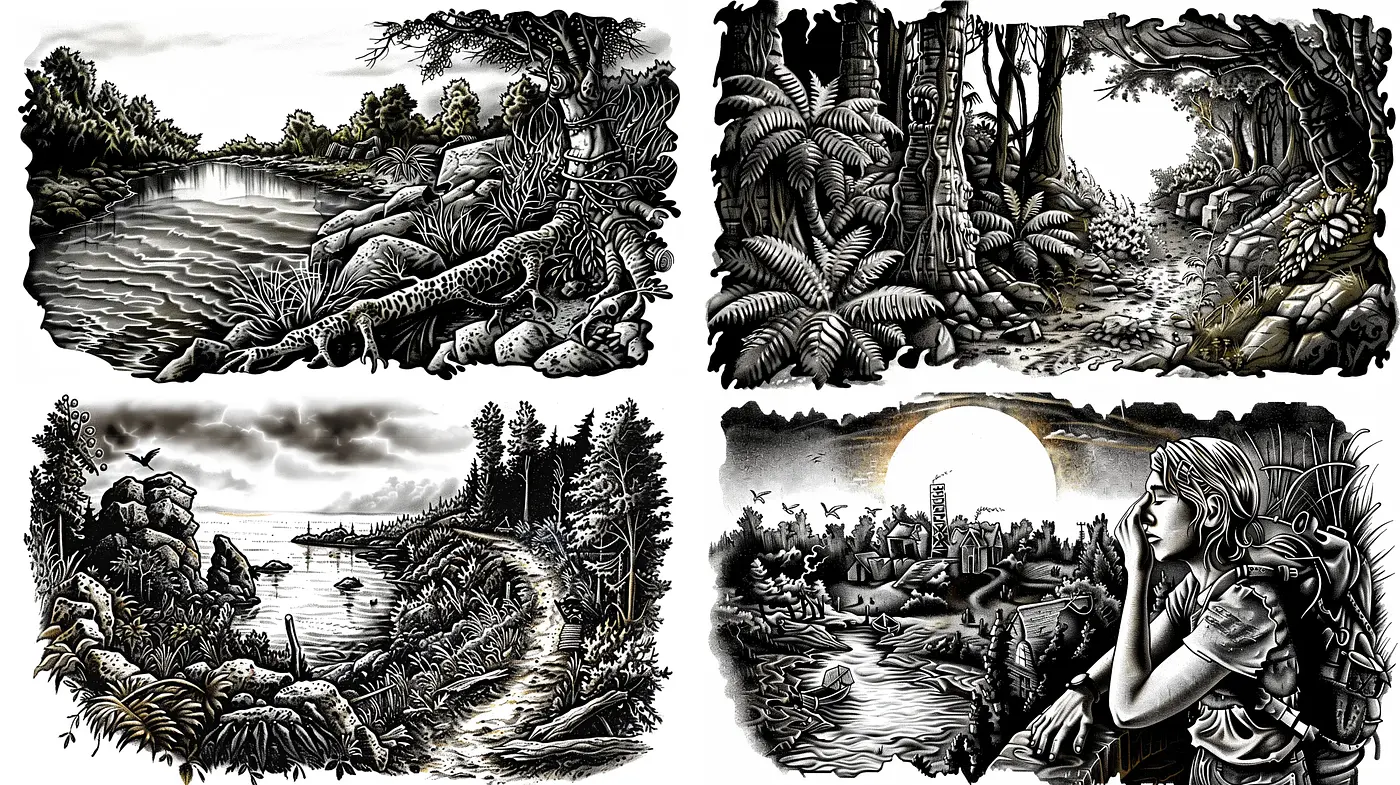 Monochrome Dreamscape: A Homage to Intricate Ink Illustrations - Midjourney sref style