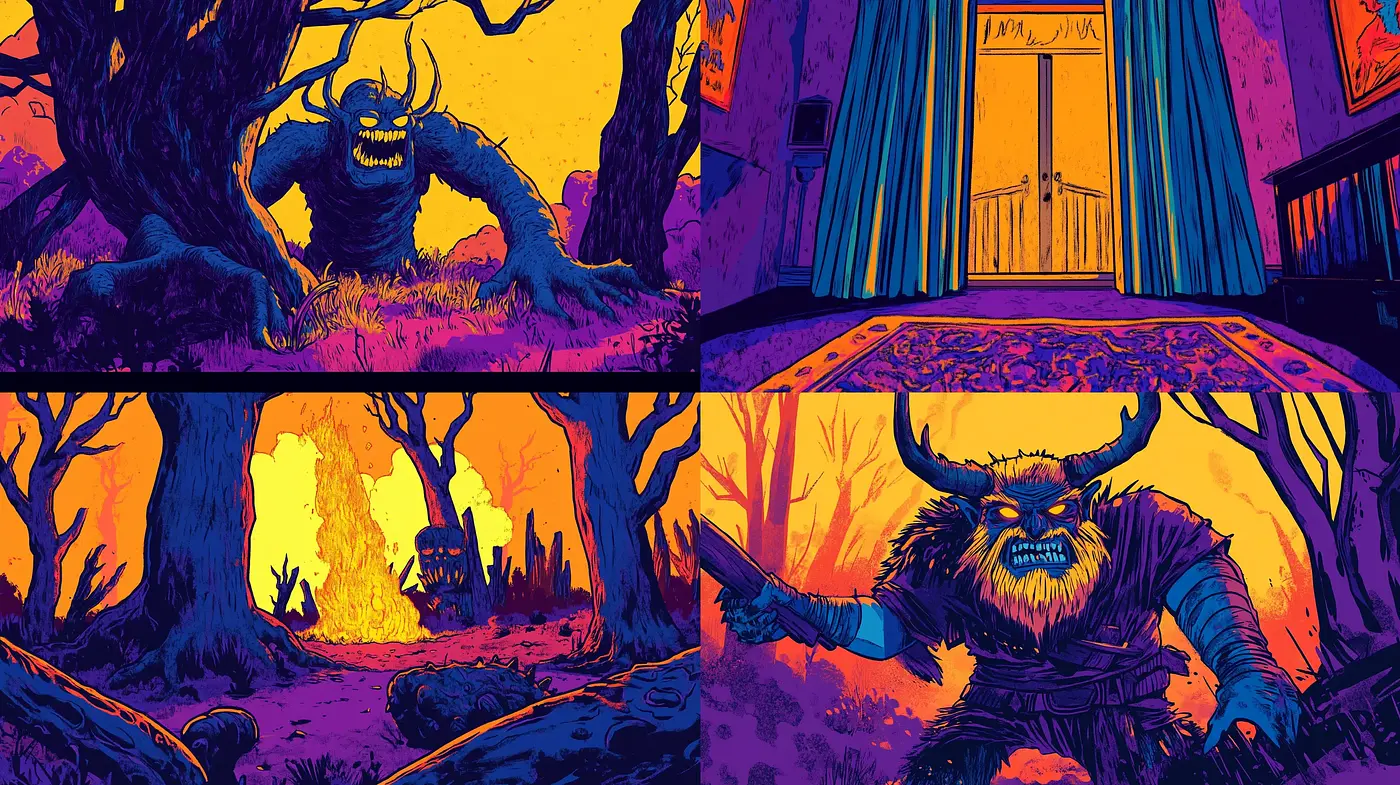 Surreal Twilight Hues: A Psychedelic Journey through Stylized Landscapes and Mythic Beings - Midjourney sref style