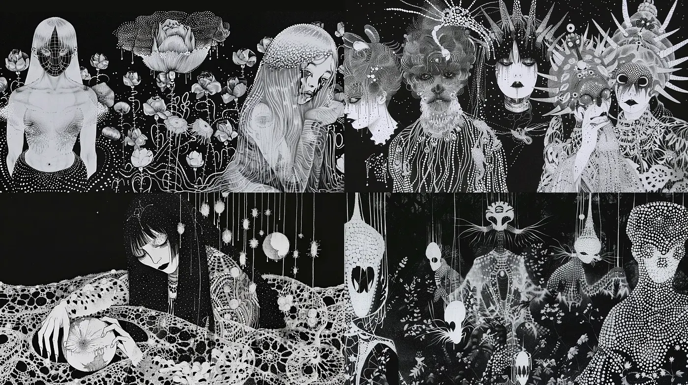 Complex Monochrome Dreamscape with Ethereal Overtones - Midjourney sref style