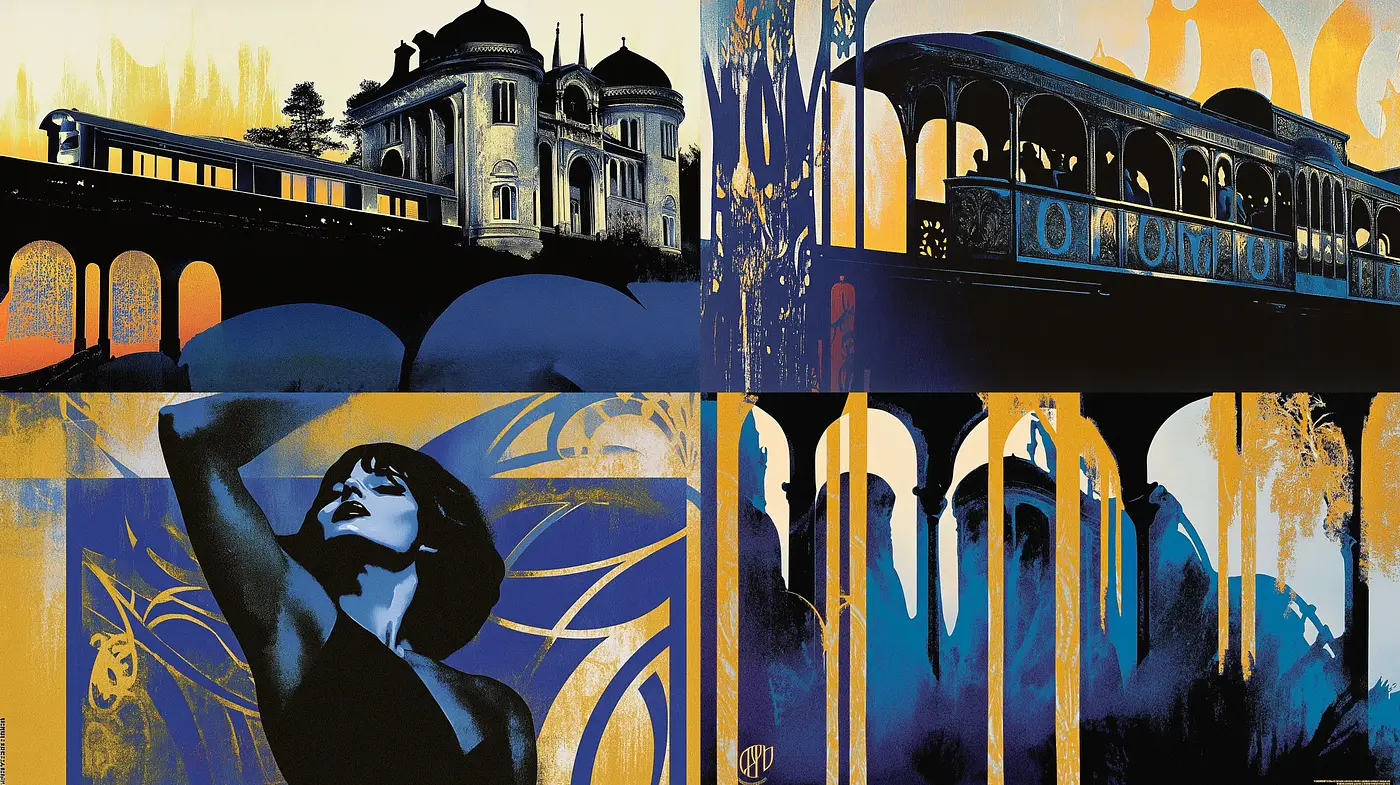 Nocturnal Elegance in Stylized Contrast: A Fusion of Art Nouveau and Graphic Illustration - Midjourney sref style