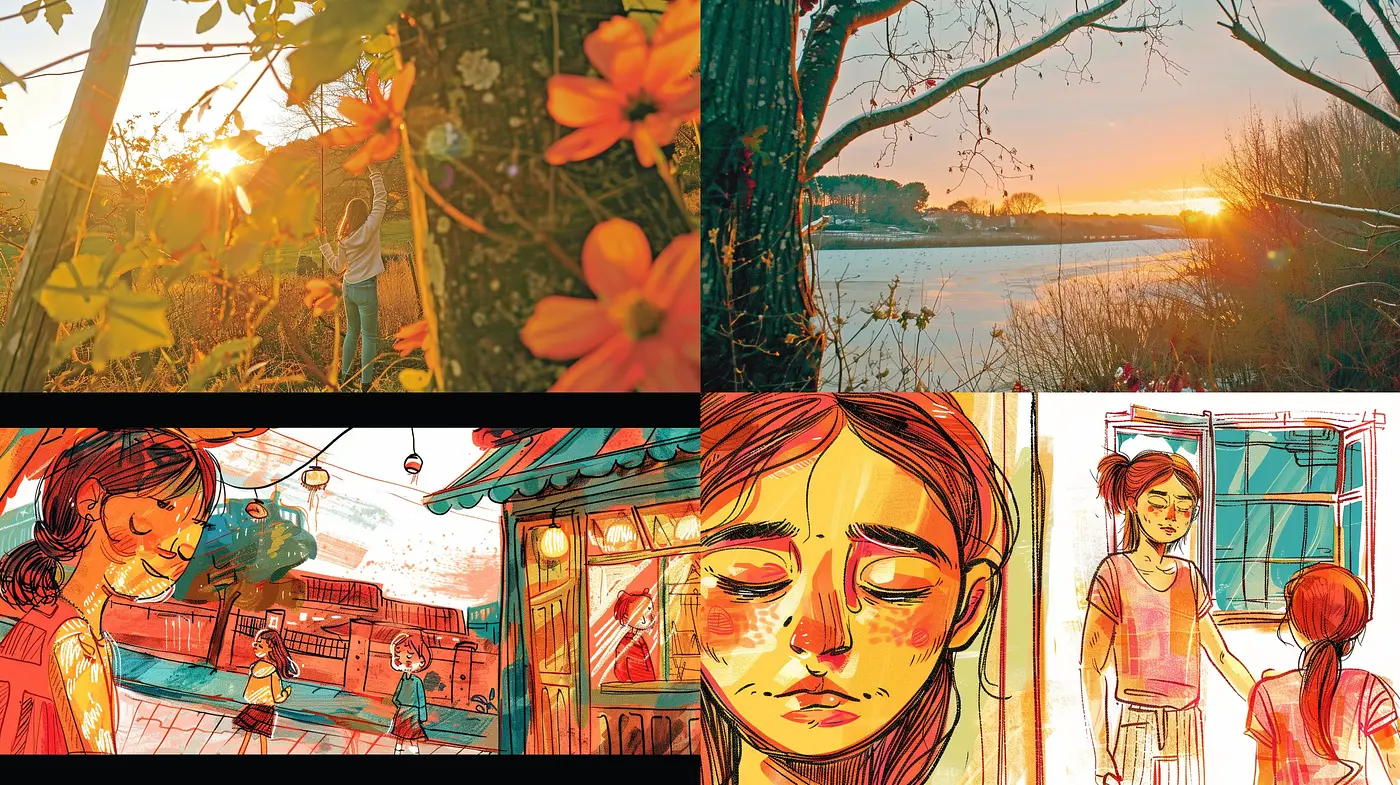 Sunset Hues and Nostalgic Illustrations with a Graphic Novel Feel - Midjourney sref style