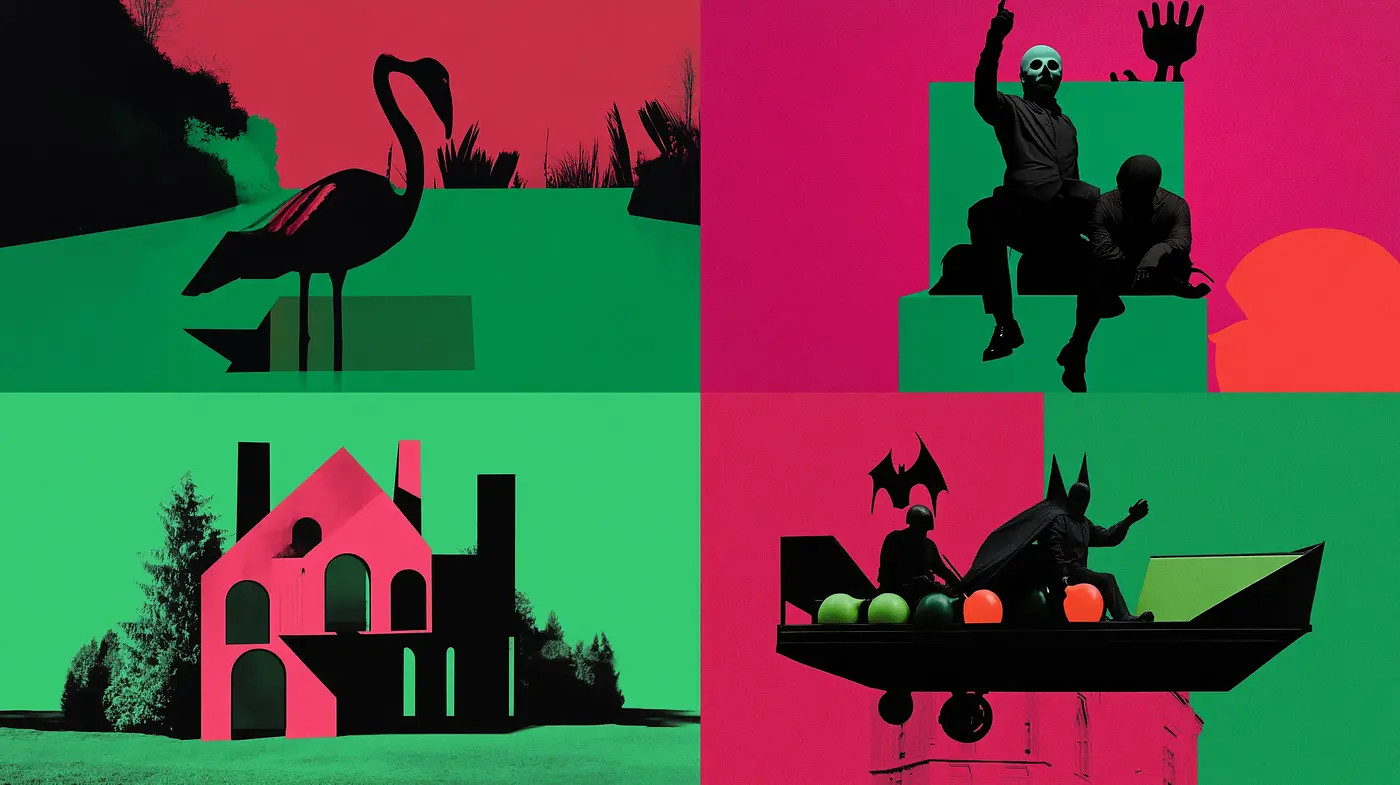 Neon-Noir Silhouettes with Surrealist Touches - Midjourney sref style