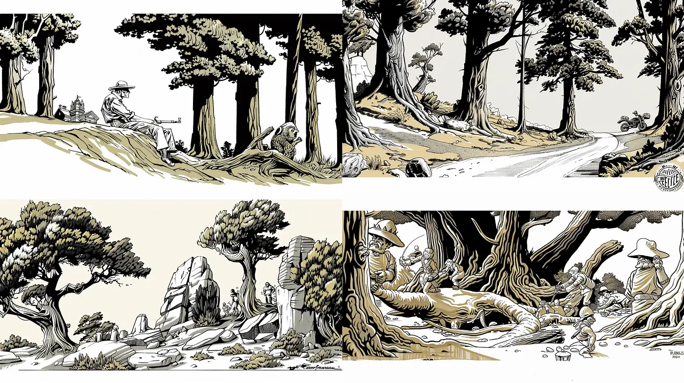 Monochromatic Nostalgia: An Illustrative Echo of Vintage Narratives in Sepia and Ink - Midjourney sref style