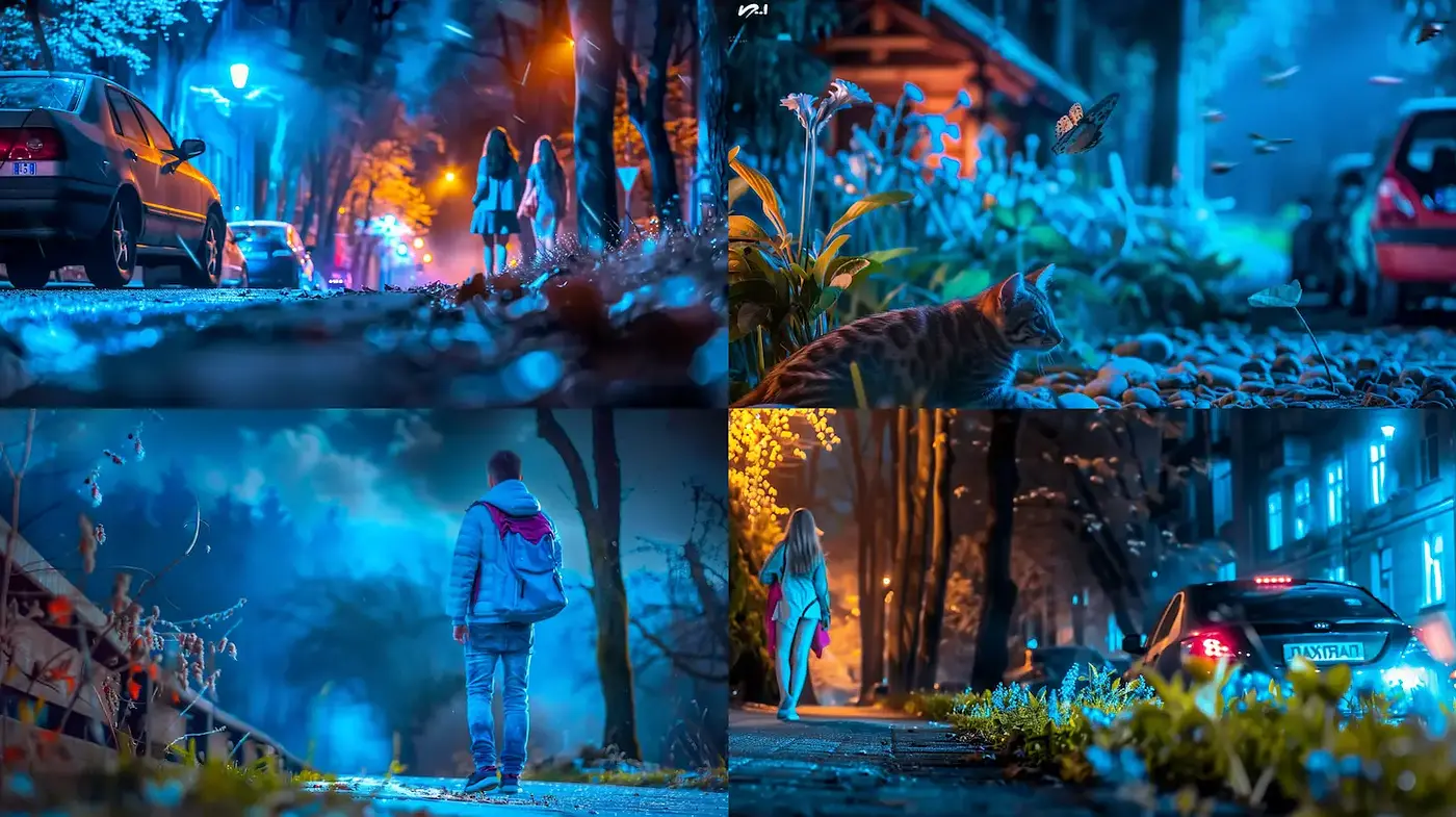 Cinematic night scenes with whimsical details and vibrant colors - Midjourney sref style