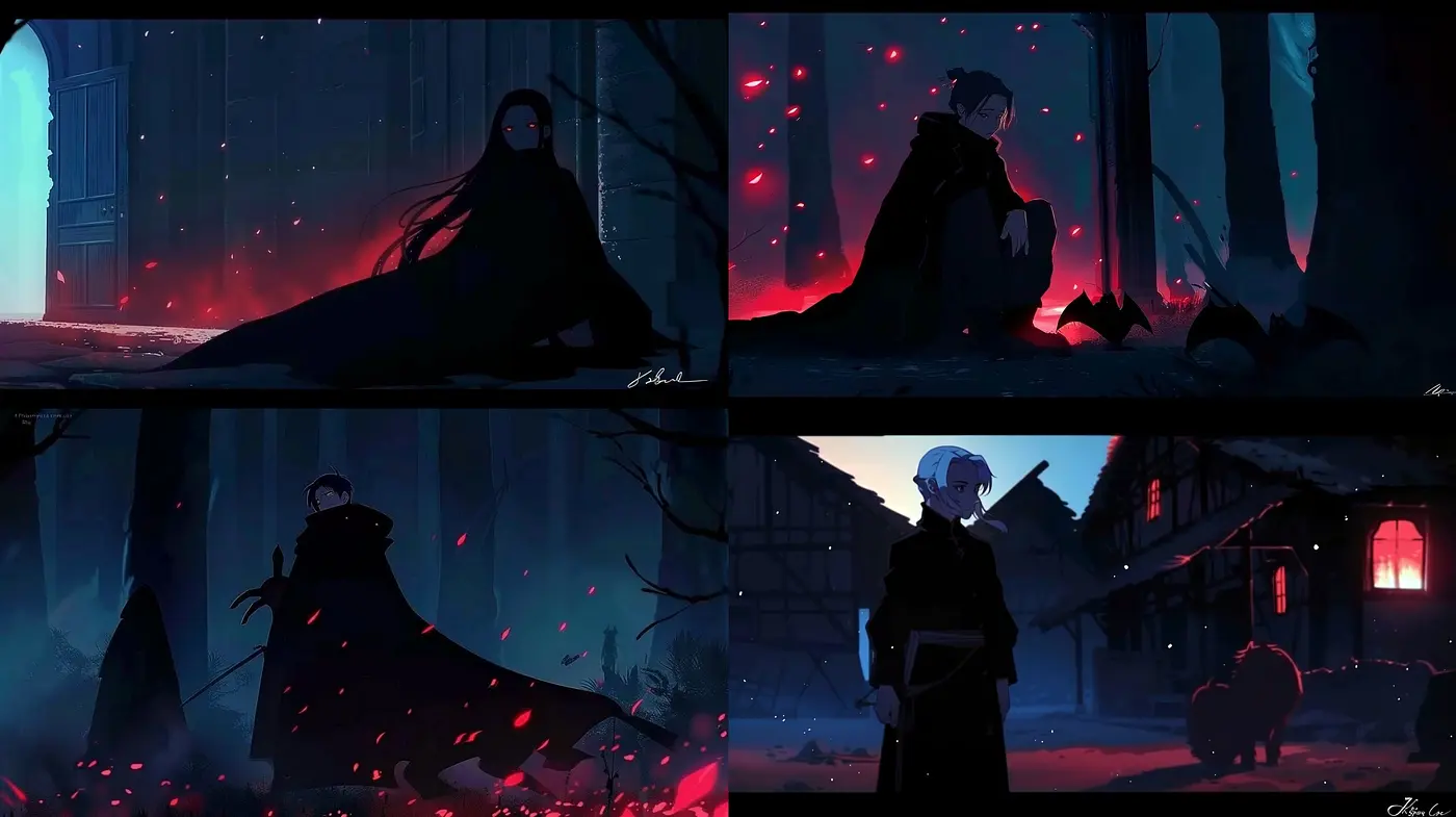 Ethereal Nocturnal Hues: A Sultry Dance of Shadows and Crimson Petals - Midjourney sref style