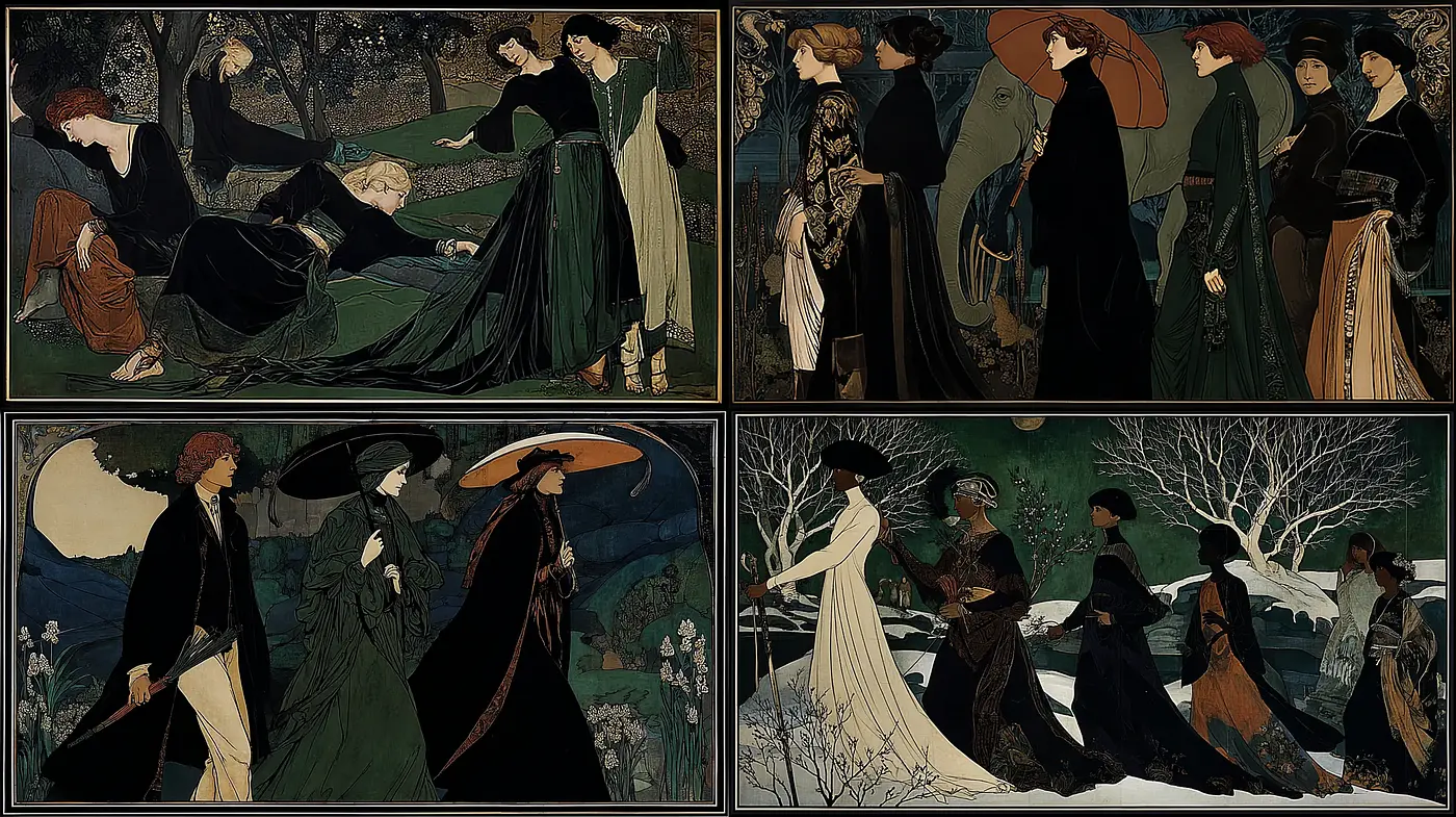 Elegant and Enigmatic Art Nouveau Scenes with Rich Detailing - Midjourney sref style