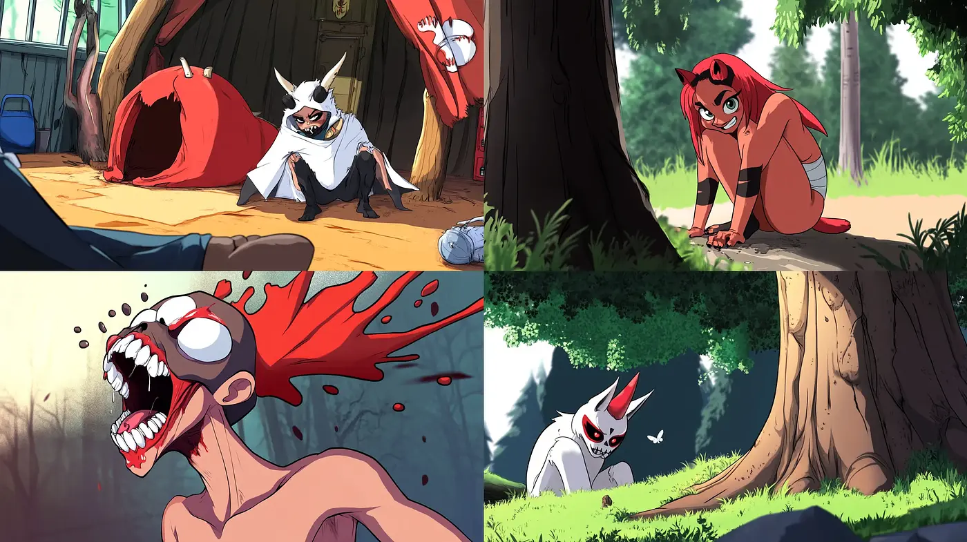 Energetic Comic Expressions in Lush Forest Vignettes - Midjourney sref style