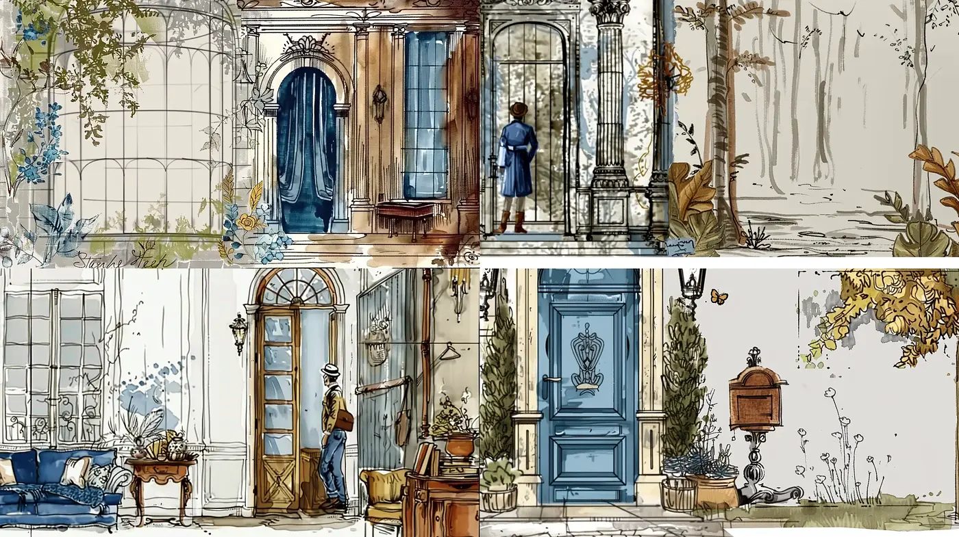 Illustrative Architectural Sketches with a Watercolor Essence - Midjourney sref style