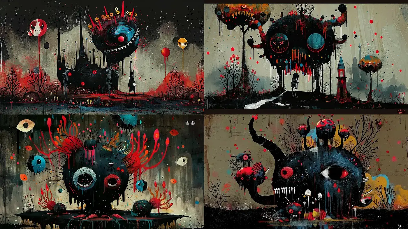 Surreal and moody landscape with whimsical creatures and vivid contrasts - Midjourney sref style