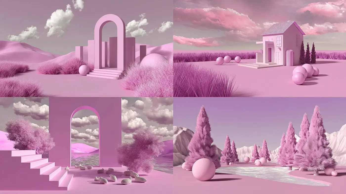 Stylized Pastel Landscapes with Geometric Architecture and Dreamlike Aesthetics - Midjourney sref style