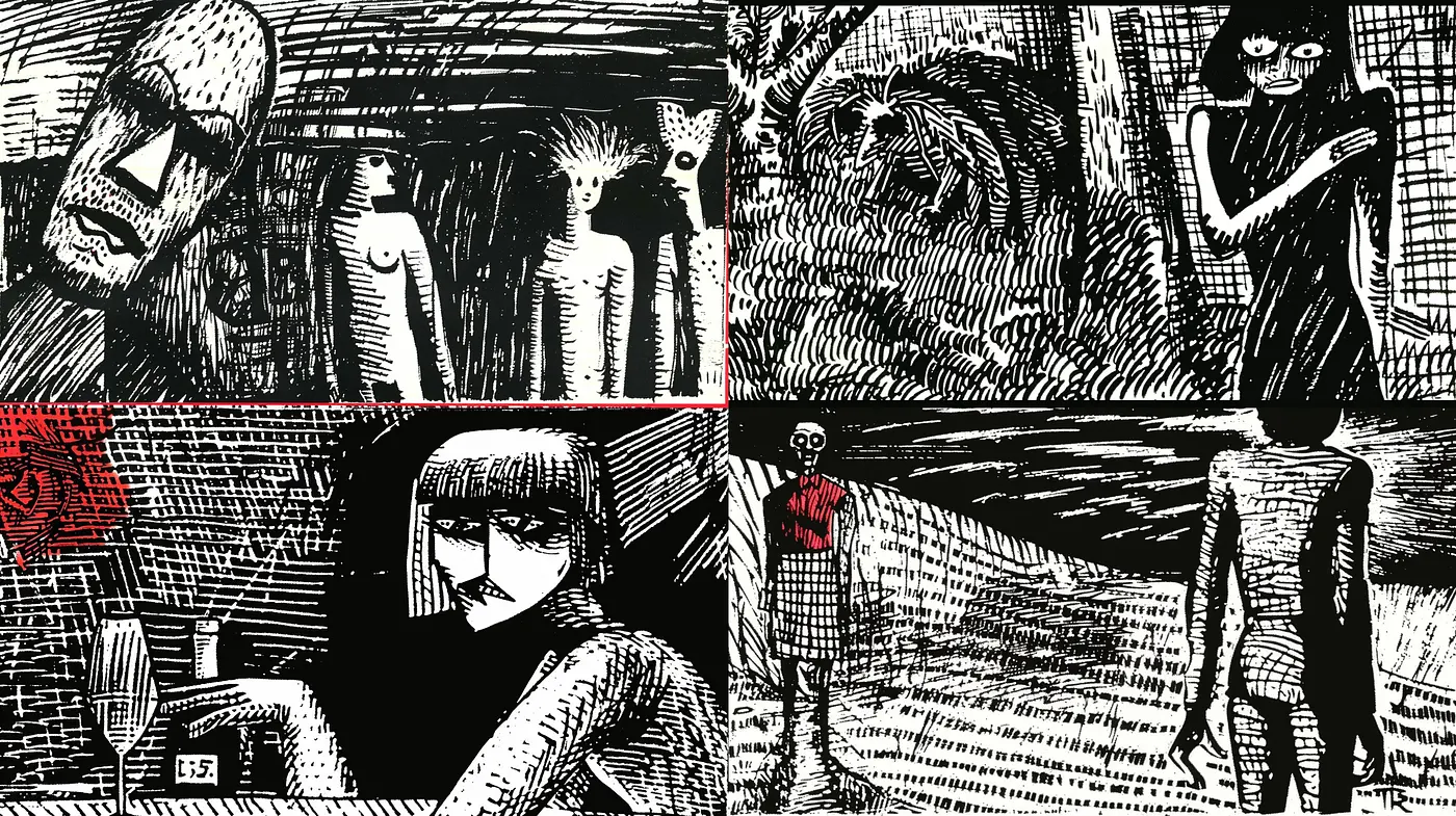 Noir-Inspired Expressive Scratchboard Art - Midjourney sref style