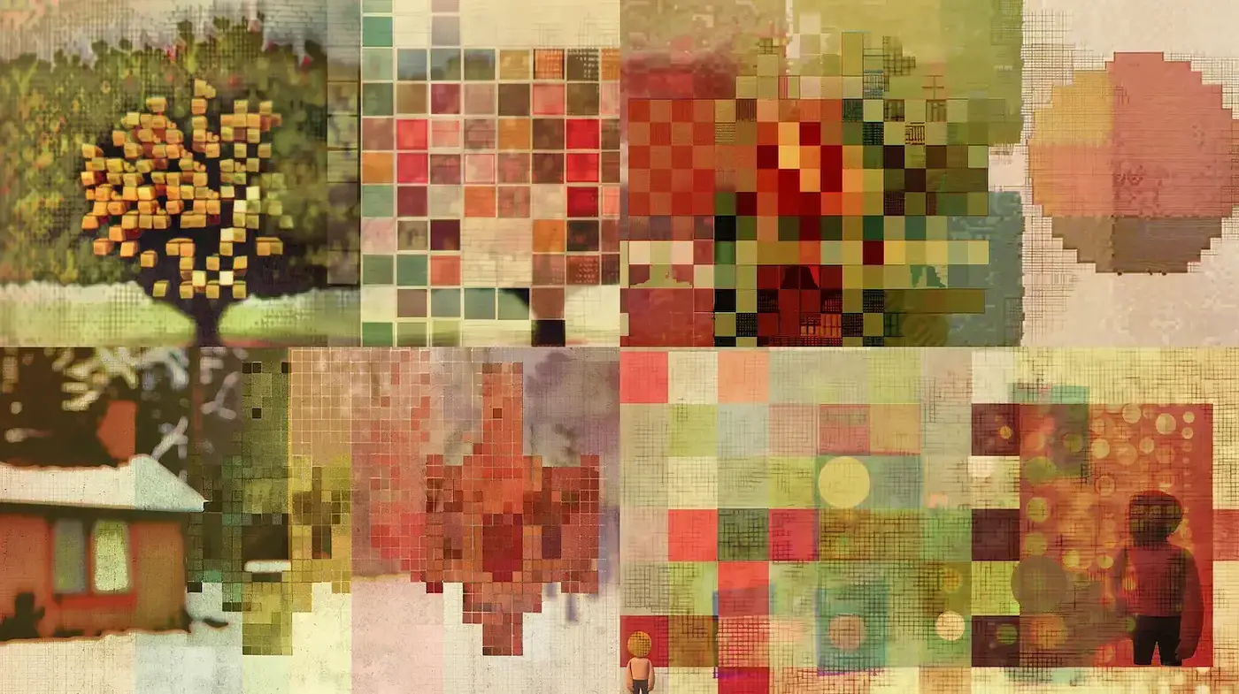 Mosaic of Autumn: Pixelated Patchwork in Warm Earth Tones - Midjourney sref style
