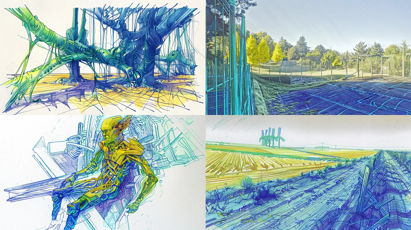 Surreal Cyan and Yellow Hatched Dreamscape - Midjourney sref style