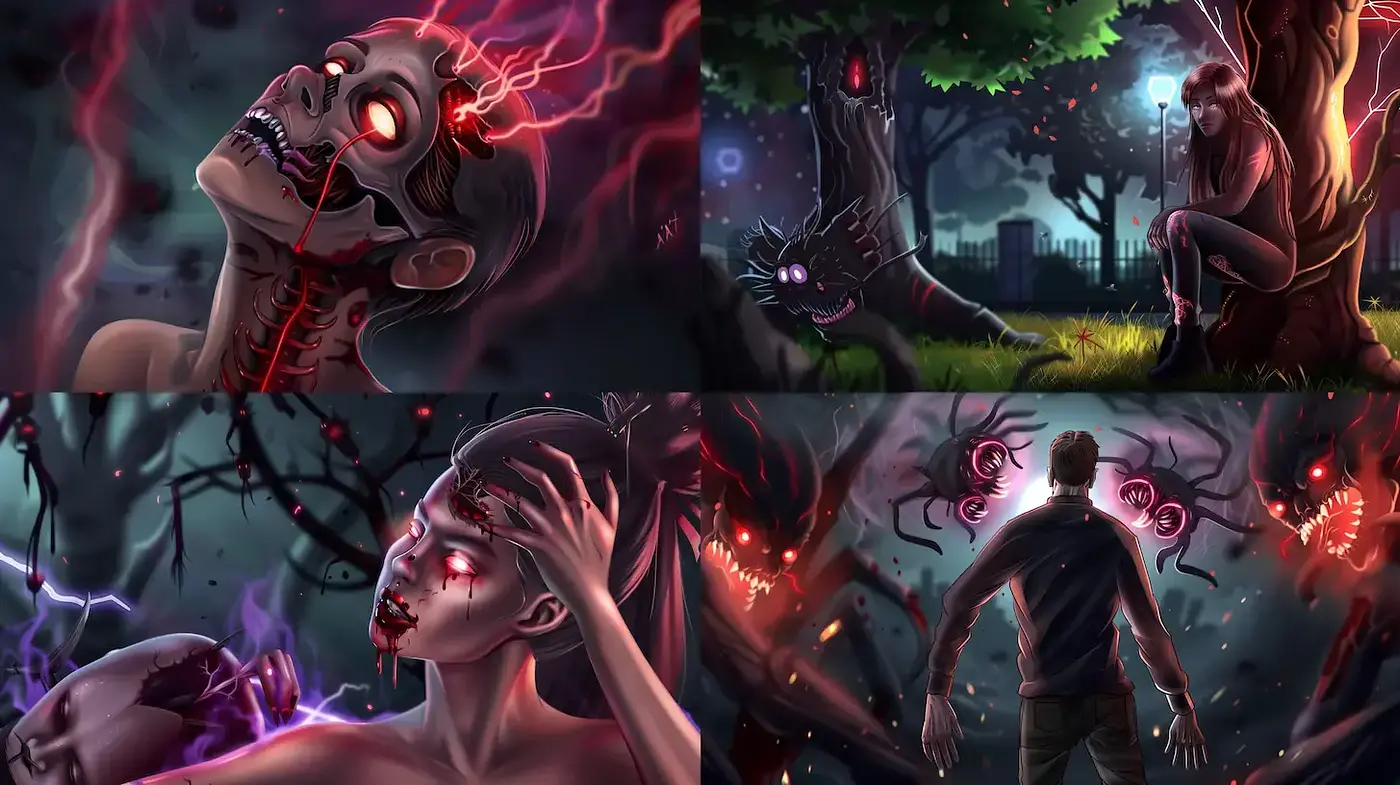 Eerie and Darkly Atmospheric Horror Aesthetic with Vibrant Elements - Midjourney sref style