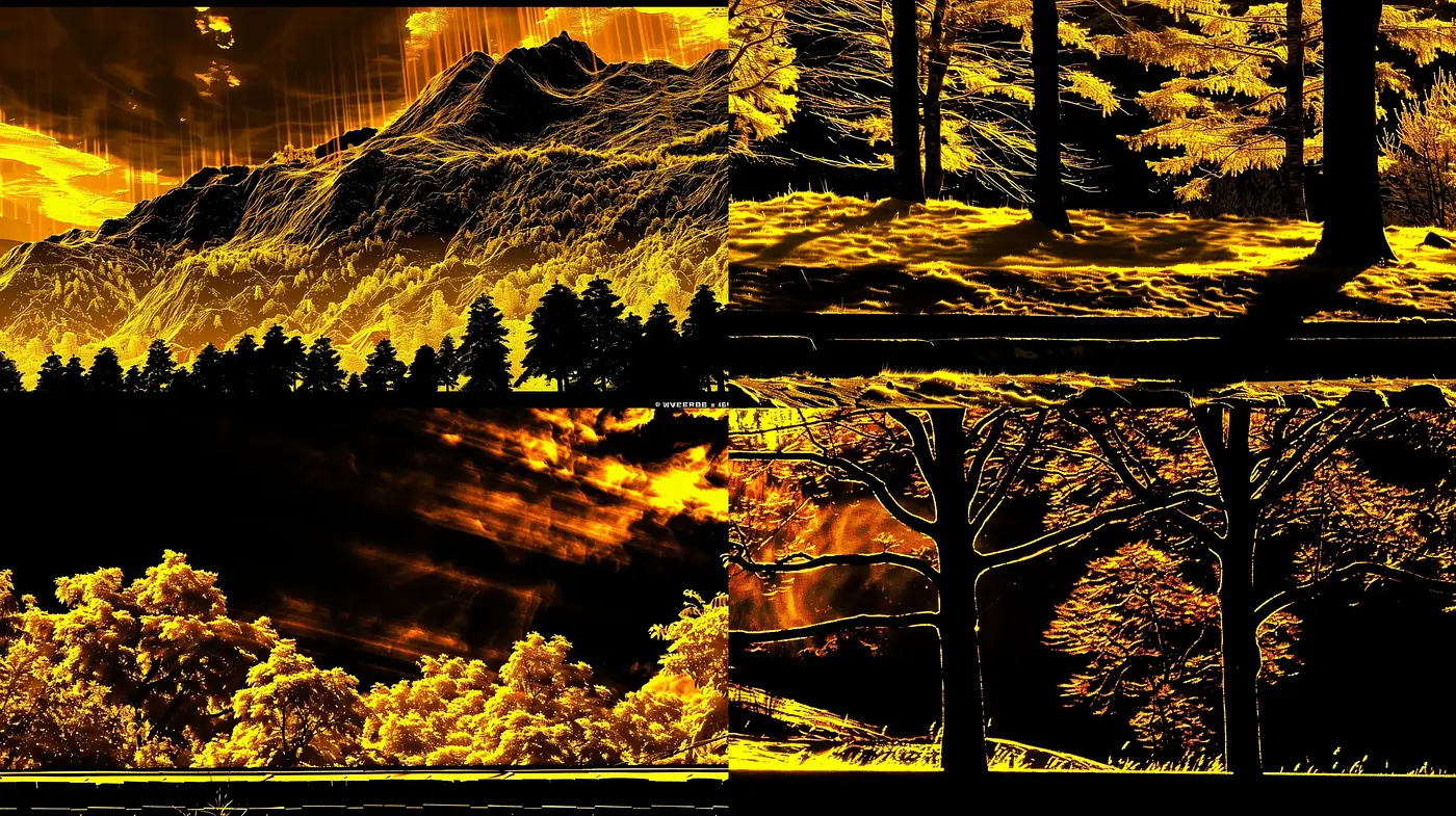Amber Silhouetted Landscapes with Luminous Contours - Midjourney sref style