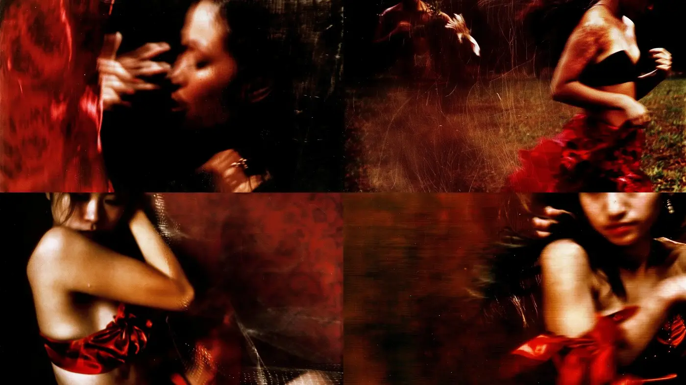 Ethereal Crimson Textures in Kinetic Expression - Midjourney sref style