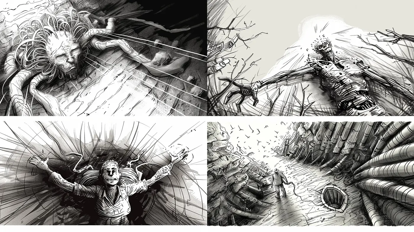 Dynamic Monochromatic Sketches with Expressive Lines and Dramatic Shading - Midjourney sref style