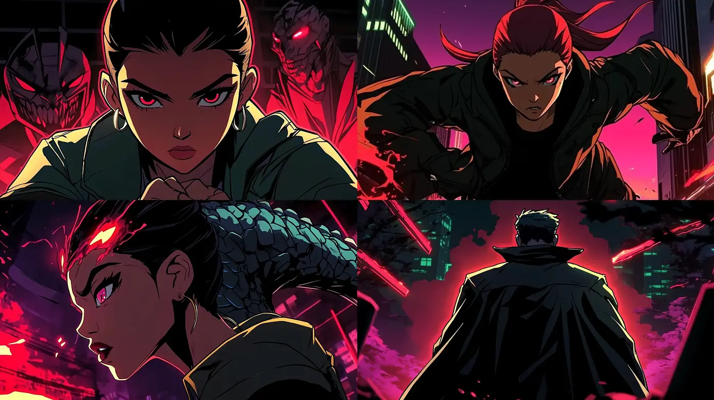Dynamic Neon-Noir Anime Fusion - Midjourney sref style