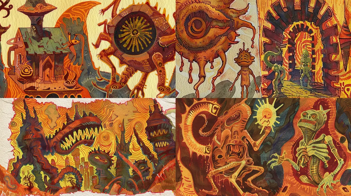 Surreal Fiery Dreamscape: A Homage to Psychedelic and Expressionist Art - Midjourney sref style