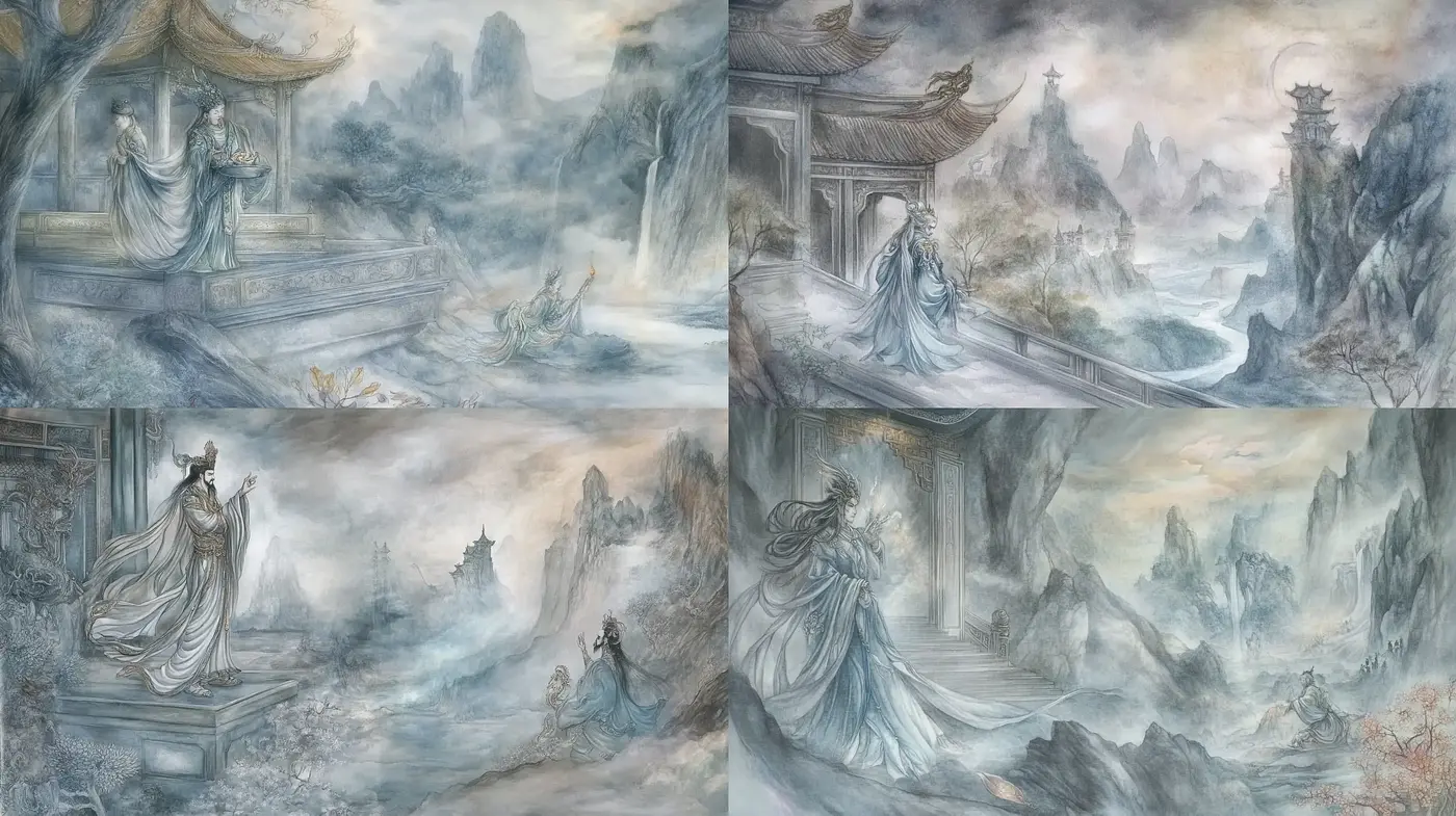 Ethereal Ink Wash Visions in Monochrome Blues - Midjourney sref style