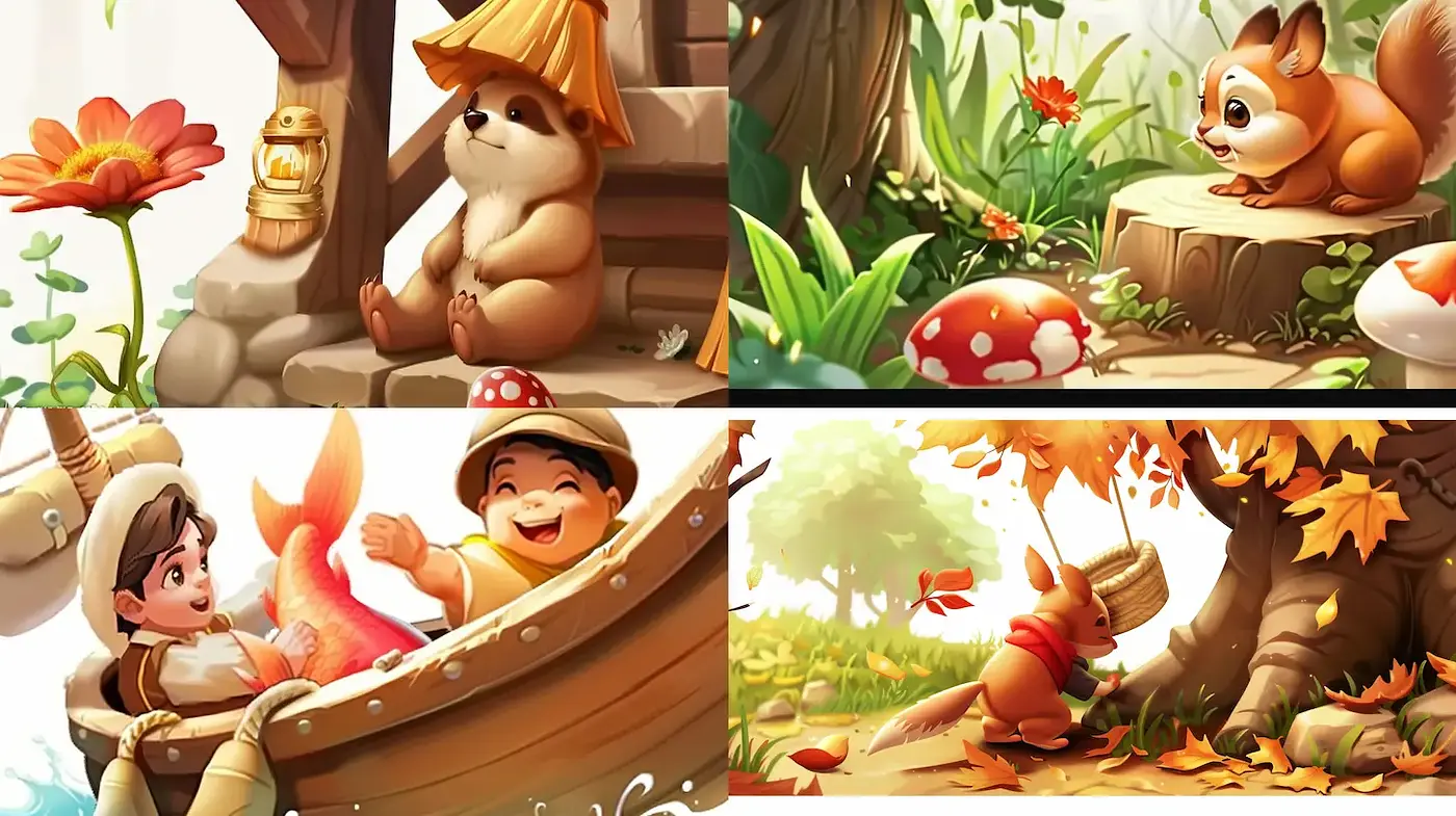 Whimsical and Nature-inspired Illustrations with Consistent Playful Characterizations - Midjourney sref style