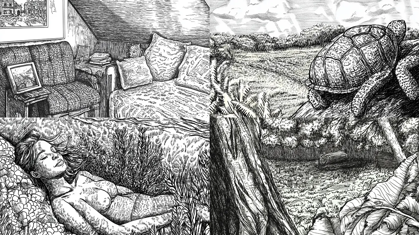 Crosshatched Dreamscape Fusion - Midjourney sref style