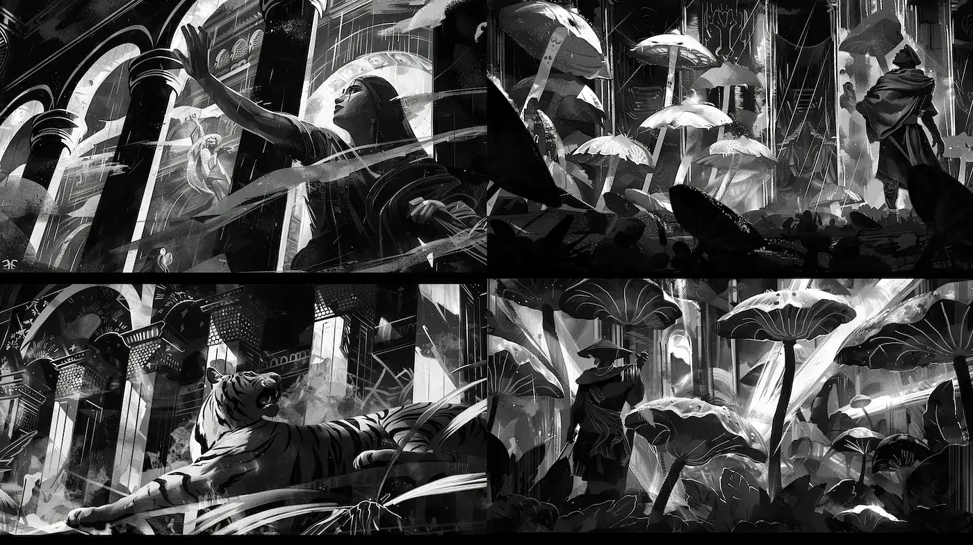 Mysterious Monochrome Landscapes with Dramatic Elements - Midjourney sref style