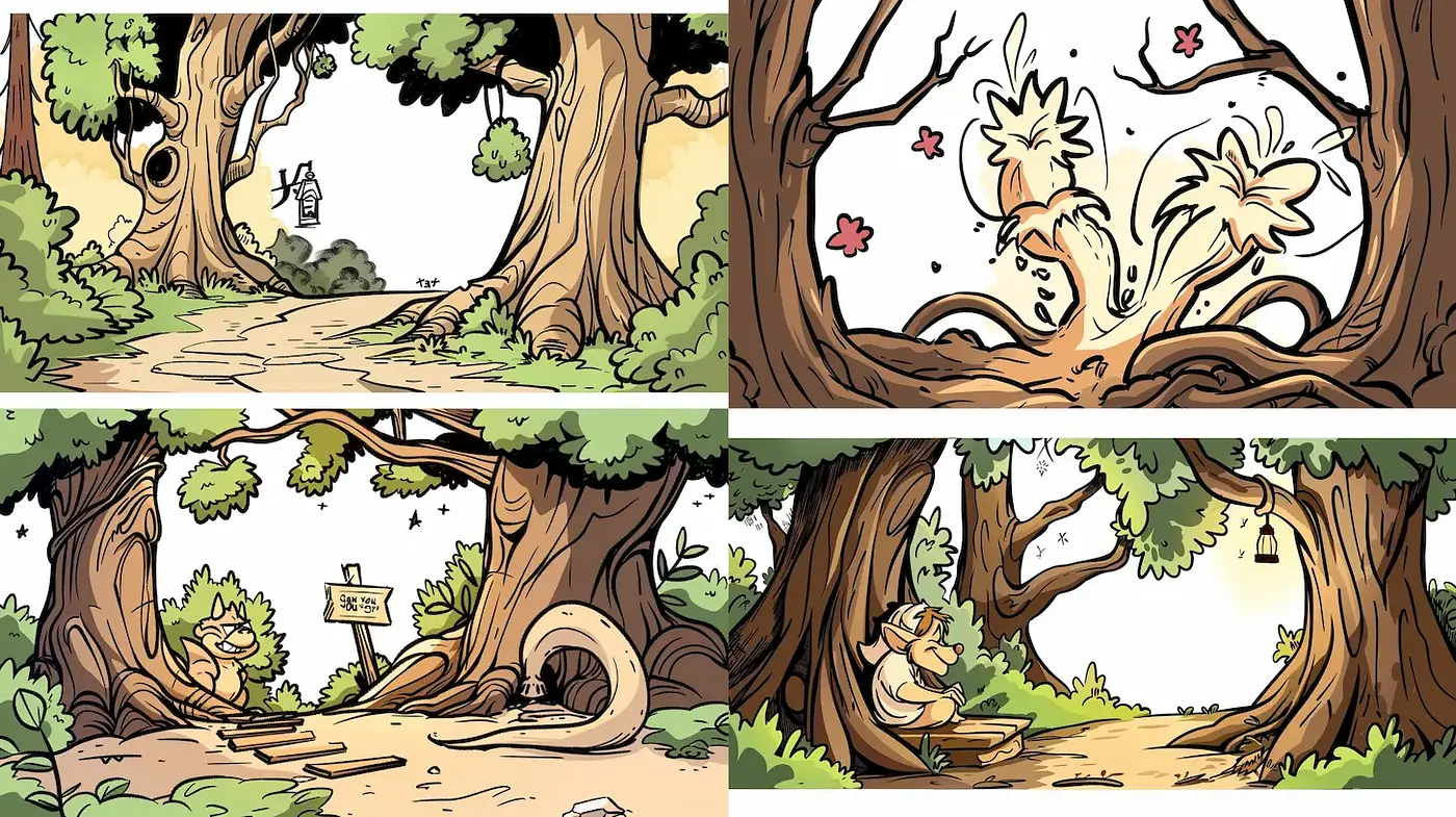Whimsical Cartoon Forest Scenes with Playful Animal Characters - Midjourney sref style