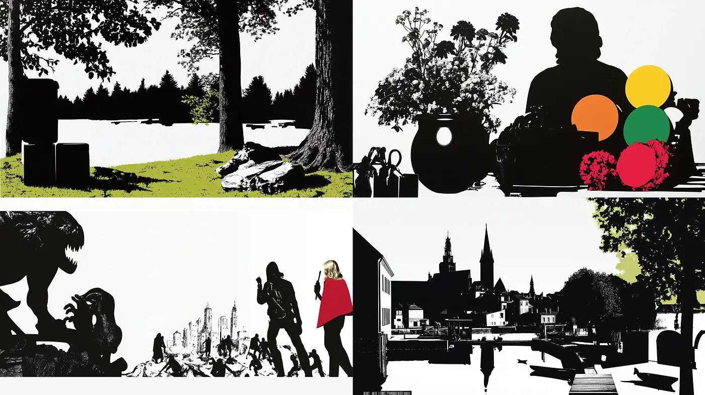 Contrasting Silhouettes and Bold Color Blocks in a Graphic Narrative - Midjourney sref style