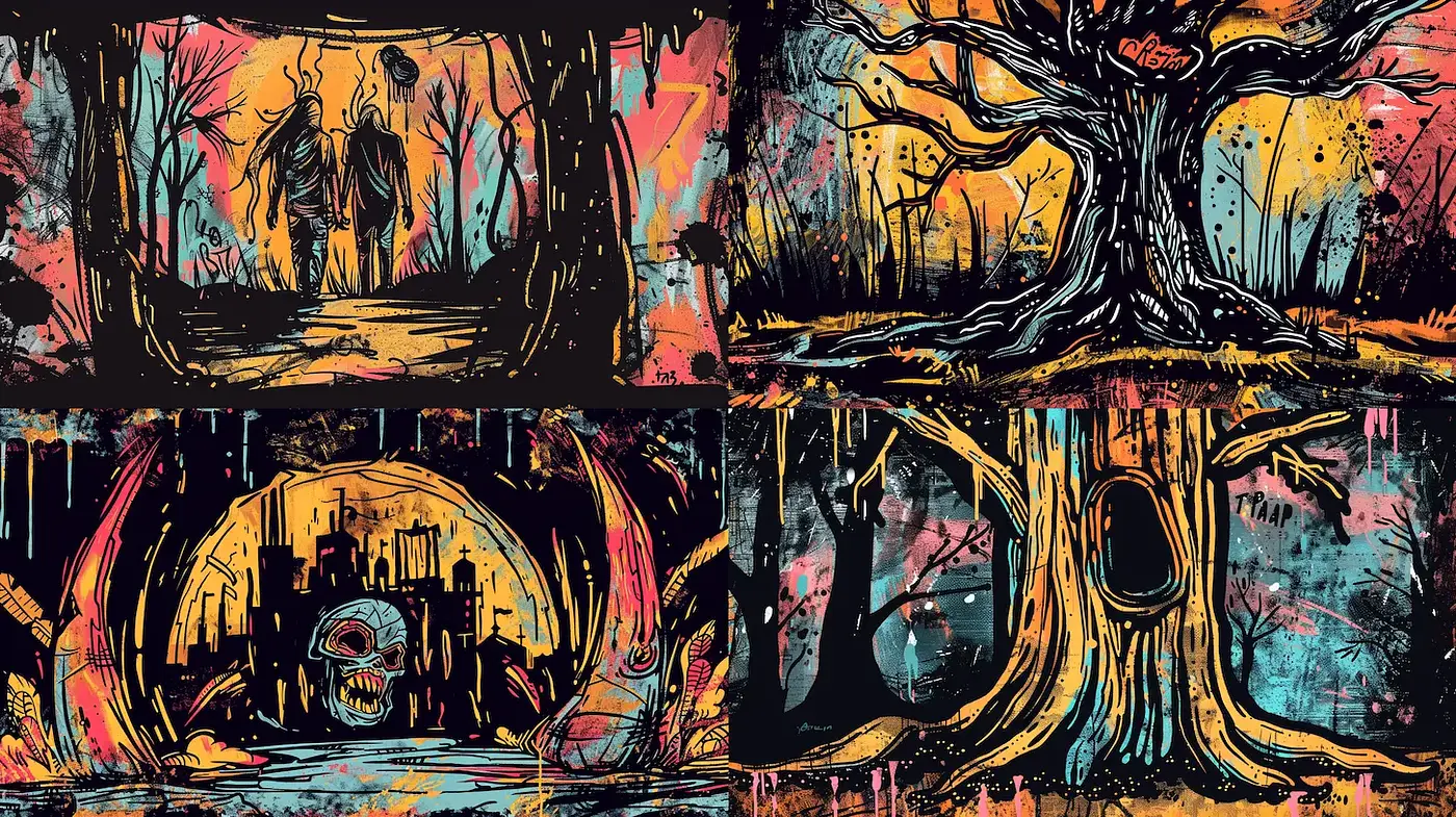 Dynamic and expressive illustrations with a haunting atmosphere and vivid colors - Midjourney sref style