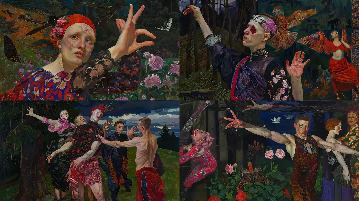 Enigmatic Renaissance Carnival: A Fusion of Historical Drama and Lush Botanicals - Midjourney sref style