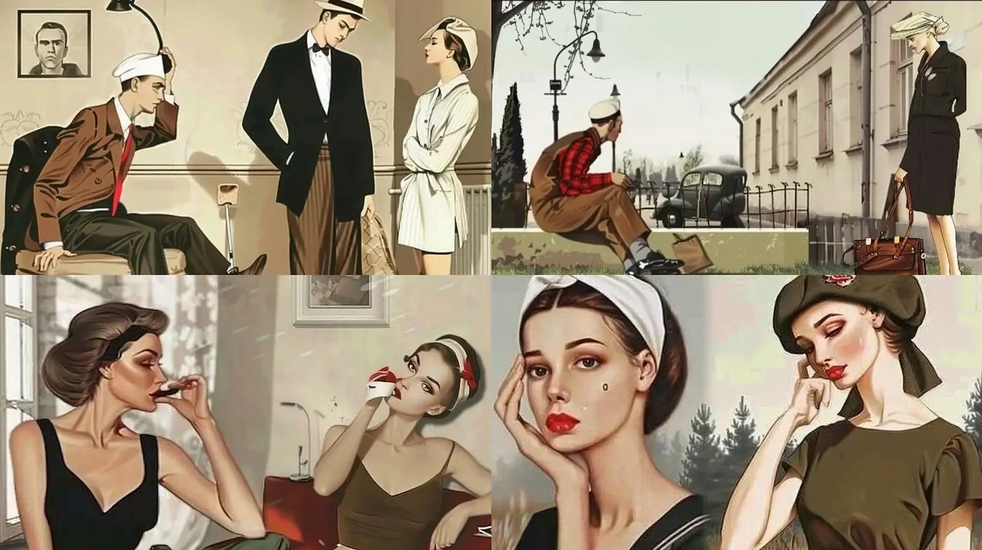 Timeless Elegance in Sepia: A Fusion of Mid-Century Fashion and Digital Impressionism - Midjourney sref style