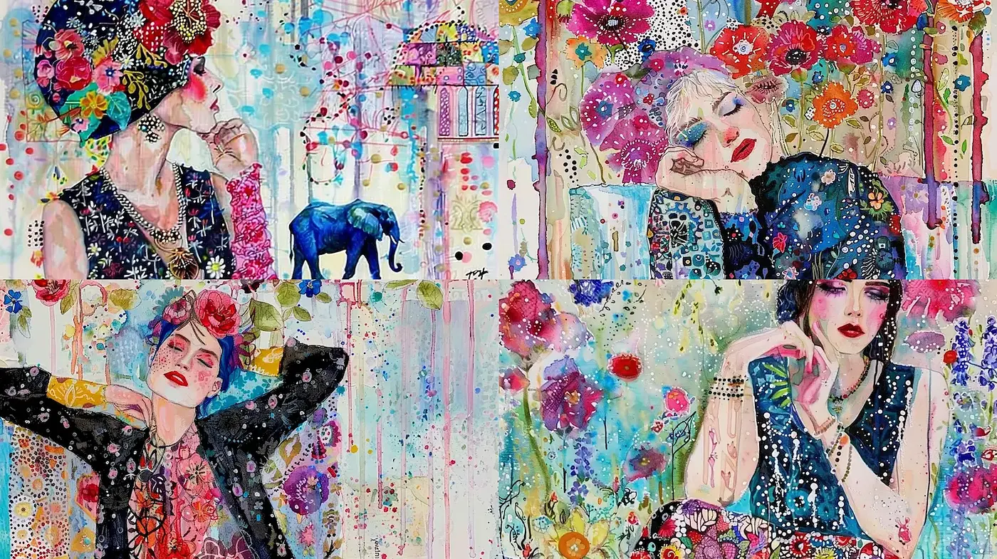 Vibrant and Expressive Mixed Media with Floral Motifs - Midjourney sref style