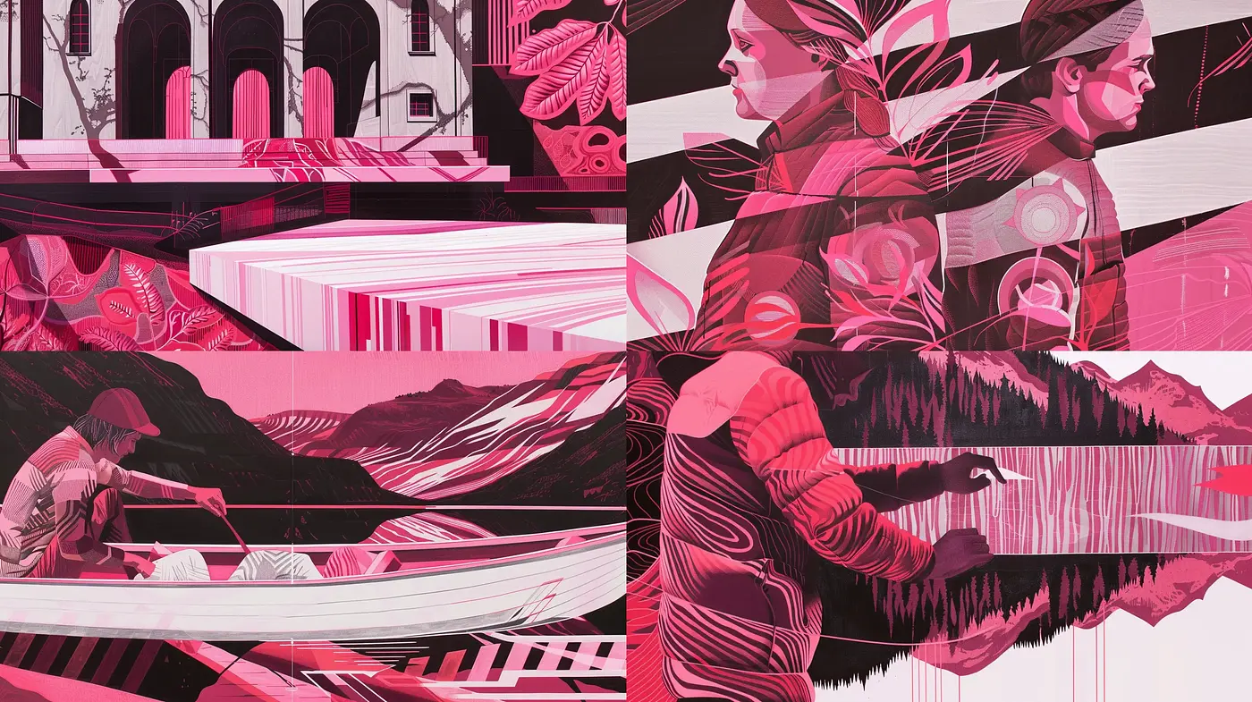 Monochromatic Magenta Dreamscape with Surreal Geometric Harmony - Midjourney sref style